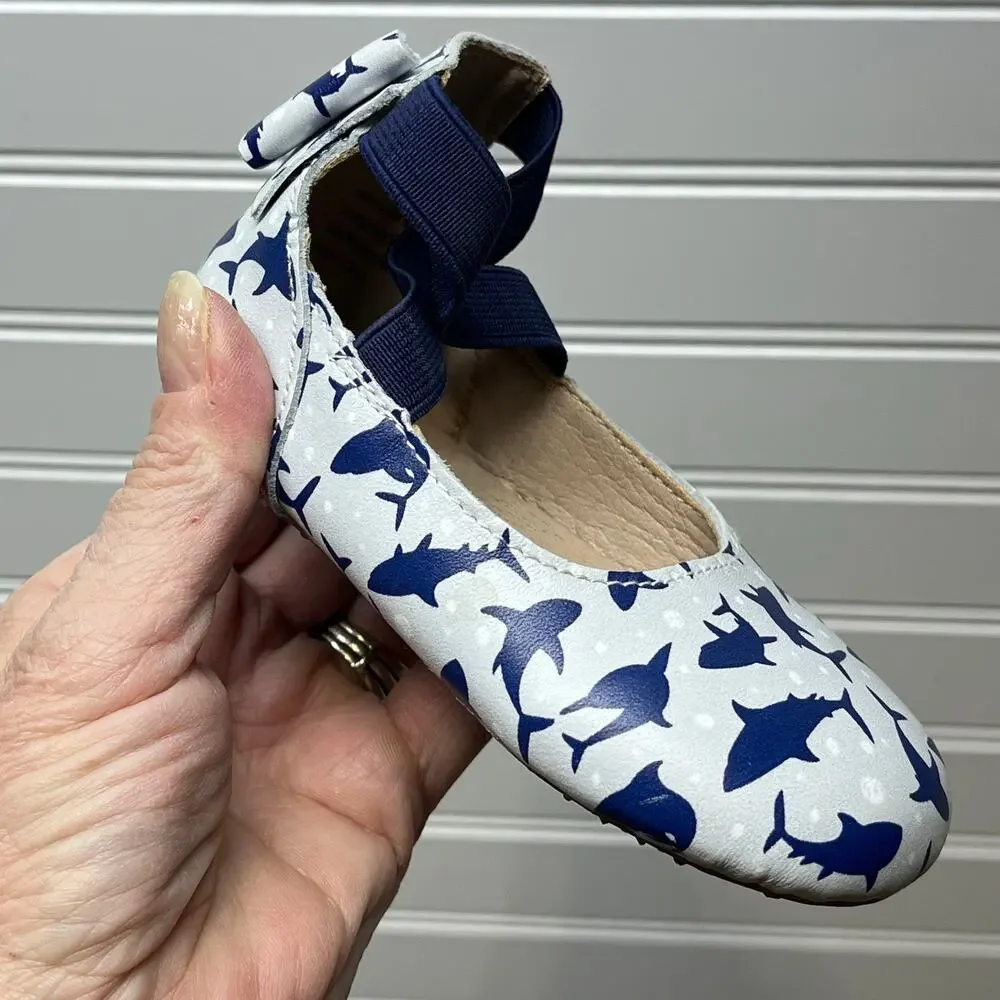 Monkey Feet Leather Ballet Flats with Back Bow & Shark Print Size 18-24 Months